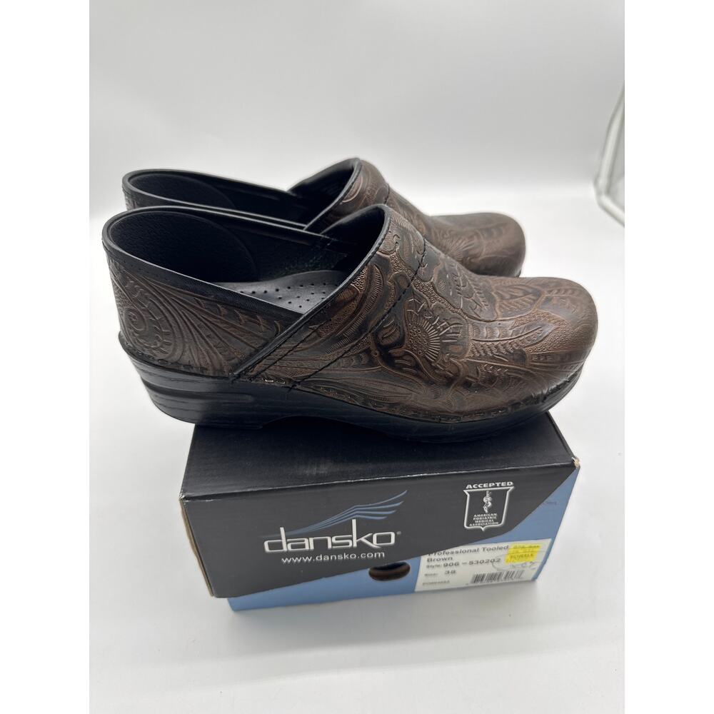 Dansko Professional Tooled Leather Clogs‎ Sz. 38 /7.5 Work Shoes Brown Floral